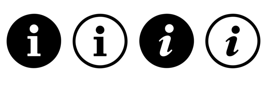 Four distinct information icon variations featuring stylized lowercase letters inside circular frames arranged horizontally to provide clear visual guidance for digital interfaces and modern web 