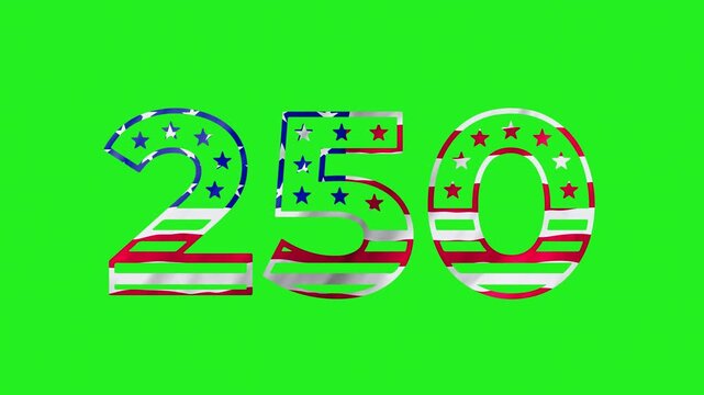 American 250th anniversary logo on chroma key featuring flag styled numerals and historic dates for July 4 celebration visuals