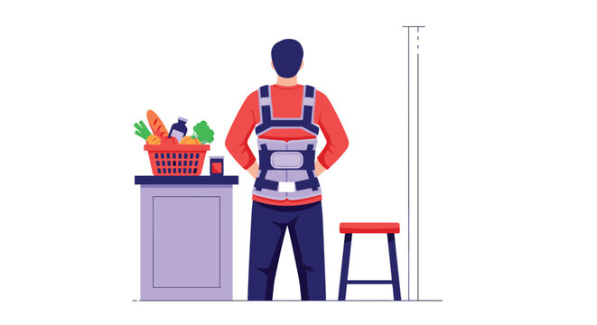 Man seen from behind wearing an orthopedic back support brace while standing in a kitchen near a basket of fresh groceries.