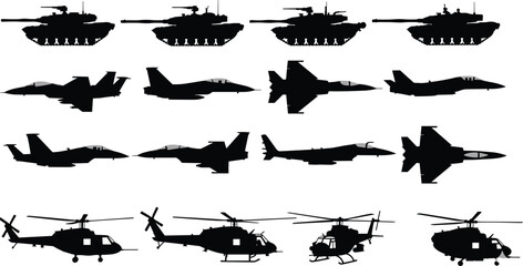 Military defense vehicle silhouette set featuring modern battle tanks, fighter jets, and transport helicopters for army, air force, and tactical warfare design, flat vector illustration. © SHANJIDA