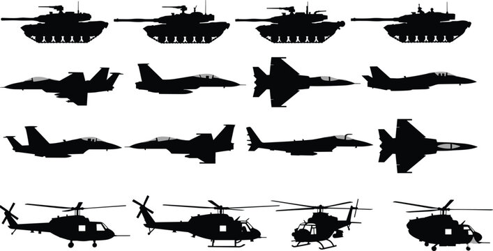 Military defense vehicle silhouette set featuring modern battle tanks, fighter jets, and transport helicopters for army, air force, and tactical warfare design, flat vector illustration.