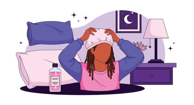 Woman with dreadlocks adjusting her white silk sleep bonnet to protect her hair before going to sleep at night.