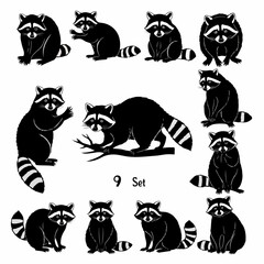 Cartoon raccoon silhouettes isolated over classic white background style © Sketch