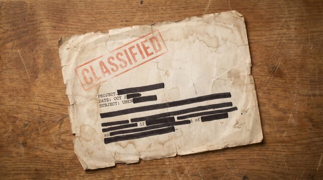 A redacted document with a CLASSIFIED stamp rests on a distressed wooden surface with selective focus