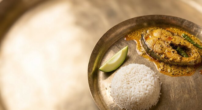 Traditional Bengali Ilish Maach Bhapa with Steamed White Rice and Sliced Green Mango on Brass Plate