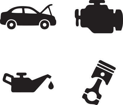 Black icons of car, engine, oil can and piston