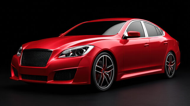 A luxurious red sedan gleams in a studio with a black background, showcasing its aerodynamic design and sporty wheels, ready for automotive enthusiasts.