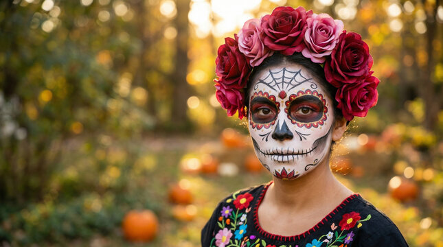 Young woman with sugar skull makeup and flower crown during autumn  