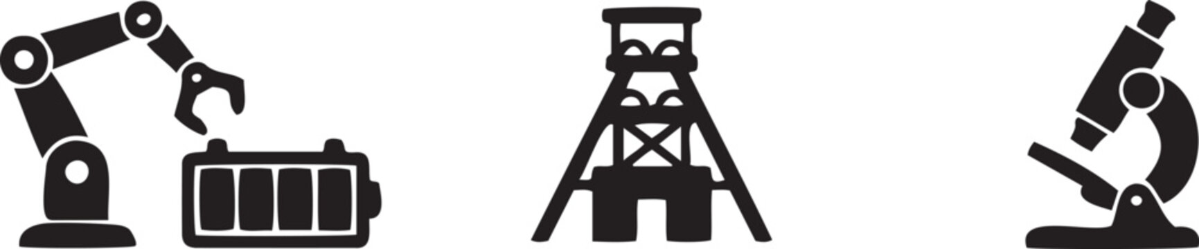 Black icons of robotic arm, oil rig and microscope