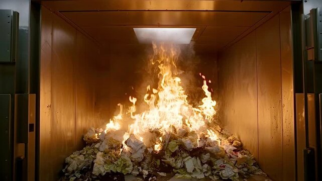 Large pile of garbage and trash burning inside an industrial incinerator furnace, producing bright flames and smoke for waste management, pollution control, and energy conversion concepts