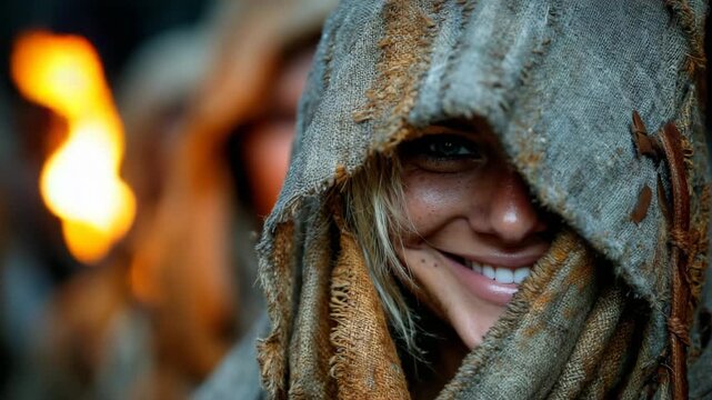 Medieval adventurous woman in sackcloth robe with torch-bearing crowd in background, dramatic fantasy village atmosphere with rustic historical mood