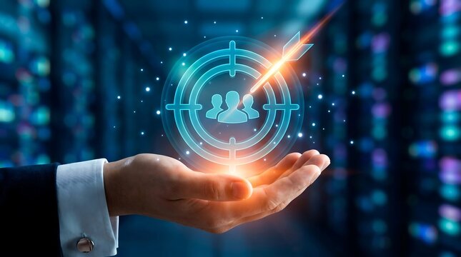 Hand holding glowing target audience icon with network background business marketing strategy selection technology customer identification hologram