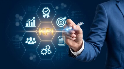 Obraz premium Man's hand using stylus to interact with holographic business process icons including quality goals efficiency business strategy hologram technology efficiency