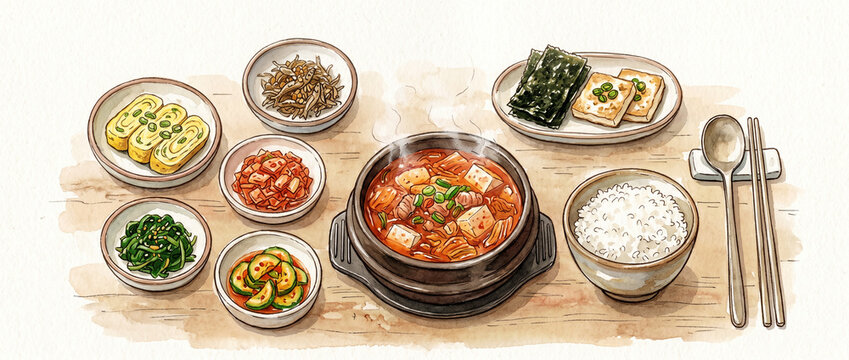 Watercolor illustration of Korean kimchi stew set with rice, egg roll, seaweed and assorted side dishes