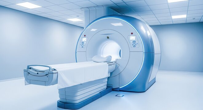 A high-tech magnetic resonance imaging scanner sits in a sterile medical room, featuring a circular opening and a motorized examination bed, professional, device, medicine