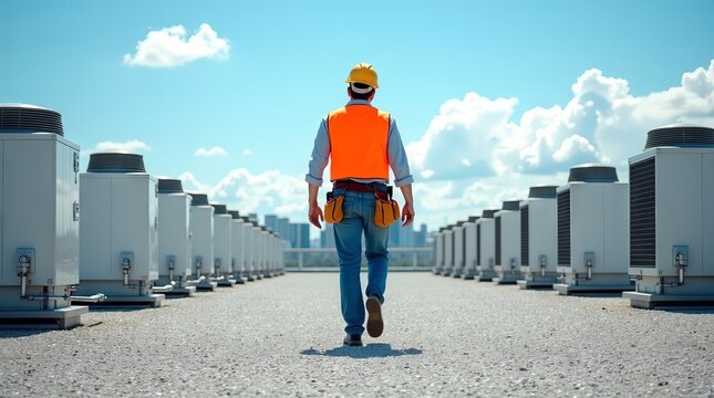 Professional HVAC technician walking on a commercial rooftop with air conditioning units.