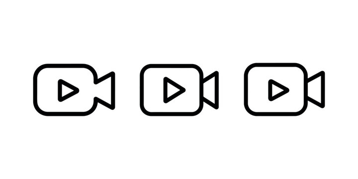 Three identical video camera icons representing digital media content creation and streaming interface symbols for modern online communication platform designs.