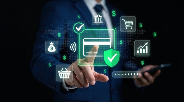 Businessman's finger touching secure digital payment interface with financial icons and currency symbols
