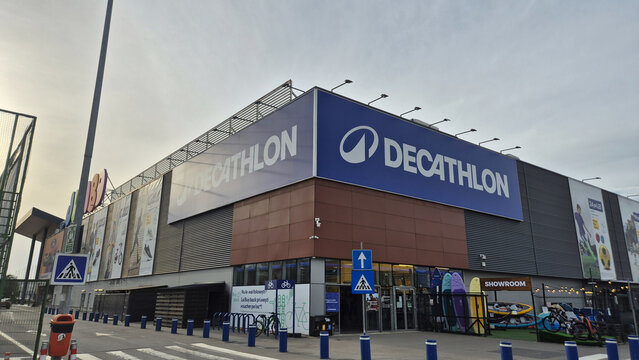The exterior of a Decathlon sports store showing the storefront, signage, entrance, and outdoor equipment displays. Picture taken on May 8, 2026 in Bucharest, Romania.