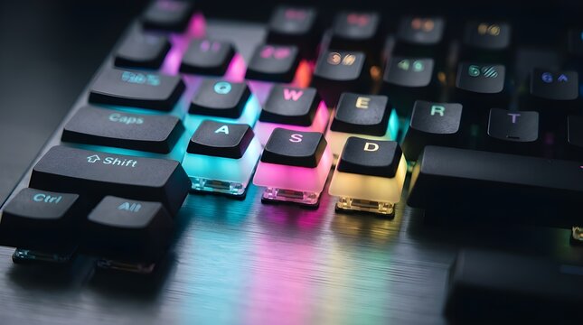 Close up of colorful gaming keyboard with wasd keys highlighted