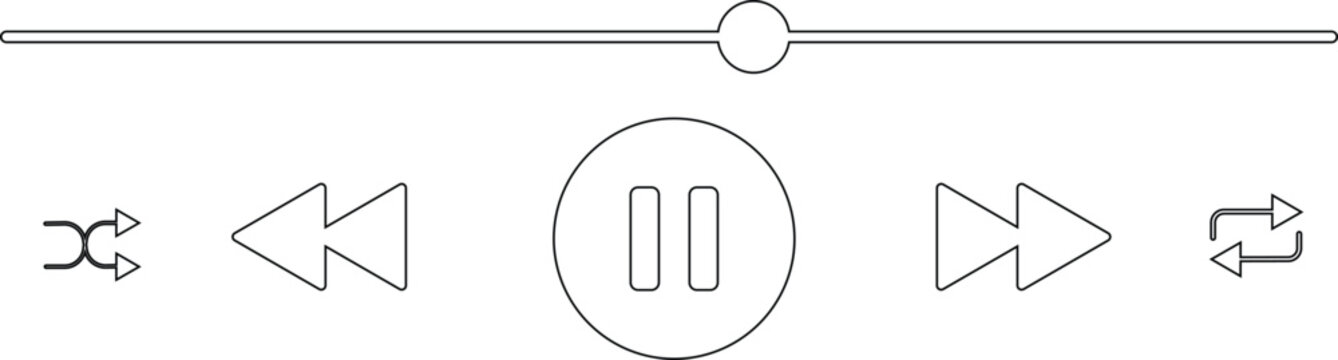 Audio player button icon set, collection and group of play, pause, rewind, forward and repeat media control symbols in black flat and line style vector illustration
