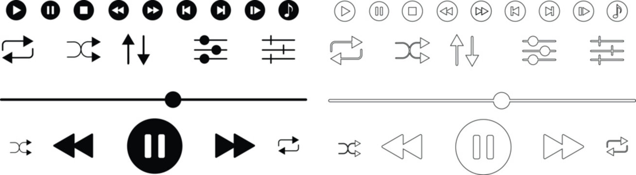 Audio player button icon set, collection and group of play, pause, rewind, forward and repeat media control symbols in black flat and line style vector illustration