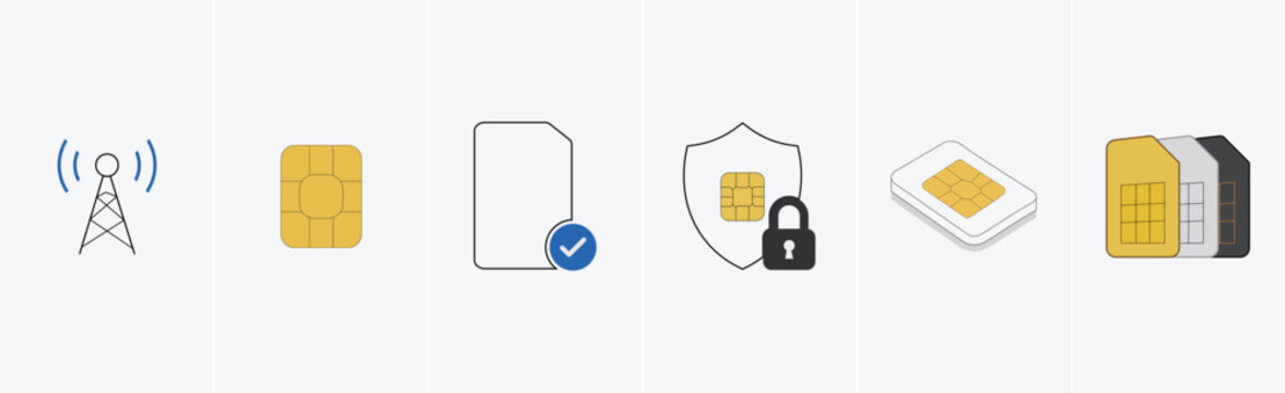 These icons represent various aspects of SIM card technology and security.&nbsp;Flaticon&nbsp;+1SIM Card Identification: The icons illustrate different types of SIM cards, including standard, mini, micro, and n