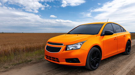 Fototapeta premium A vibrant orange sedan is parked on a rustic dirt road next to a field of golden wheat under a partly cloudy summer sky on a sunny day out in the countryside.