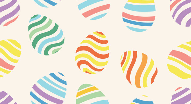 Seamless pattern showcasing numerous Easter eggs adorned with colorful wavy stripes across a light cream background for a fun look.