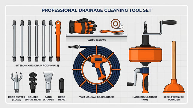 Professional drainage cleaning tool set for plumbing and pipe maintenance.