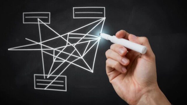 Professional Hand Drawing Digital Network Connections and Geometric Data Structure with Glowing Pen on Black Background
