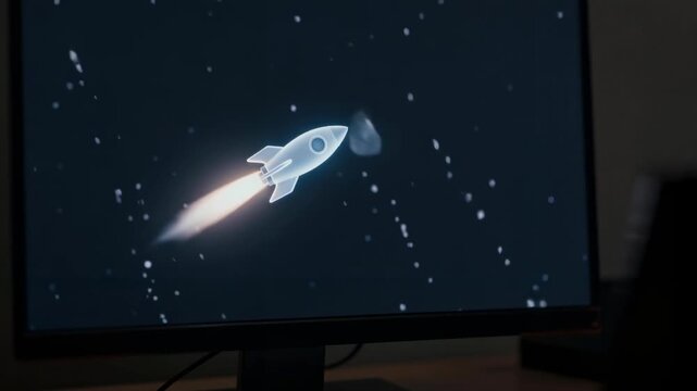 Retro 2D Pixel Art Rocket Ship Flying into Deep Space on a Computer Monitor, Zooming Away into the Starry Night