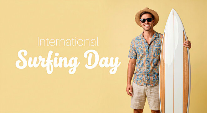 Handsome man holding a Surfing board for the International Surfing Day on plain background.