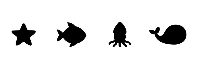 Sea animal silhouette set, silhouettes featuring fish, octopus, starfish and aquatic icons for a sea and ocean wildlife theme. © Adit