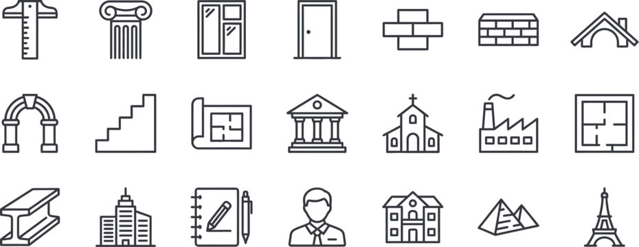 Architecture and Construction Line Icon Set: Building Materials, Engineering Tools, and Global Landmarks