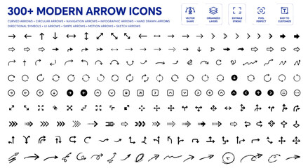 Comprehensive collection of diverse modern arrow icons featuring various styles including curved circular navigation infographic hand drawn directional symbols and ui elements for professional digital © Graphixa