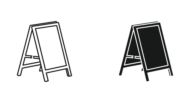 Portable A-frame sidewalk sign board vector icon set in outline and solid black styles for retail marketing and restaurant menu display