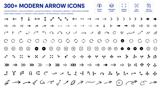 Comprehensive collection of diverse modern arrow icons featuring various styles including curved circular navigation infographic hand drawn directional symbols and ui elements for professional digital