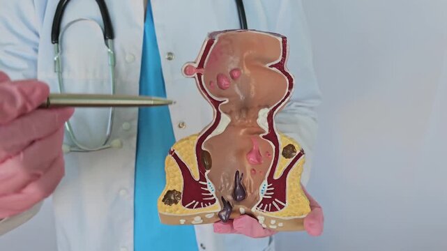 Doctor with model of human rectal anatomy and hemorrhoids in hospital, inflamed vascular structuredetails