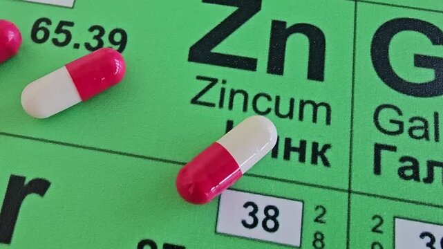 Zinc capsules on periodic table with elements shown for chemistry and health discussion