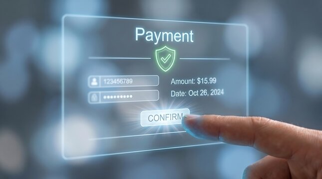 A hand confirming an online payment through a secure digital interface