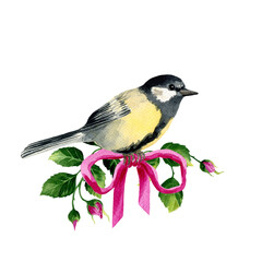 Tit bird with bow, rose buds and leaves. Watercolor illustration isolated on white background. Sublimation arrangement on a botanical theme © Viktoriia