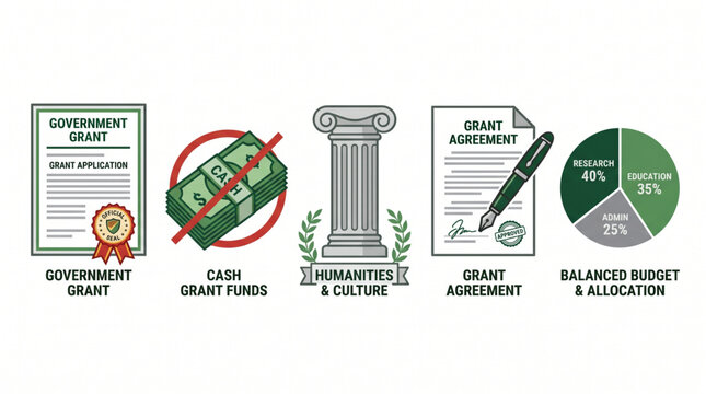 Illustrative icons detailing the entire grant lifecycle, from application and funding restrictions to cultural support, agreements, and strategic budget allocation for projects