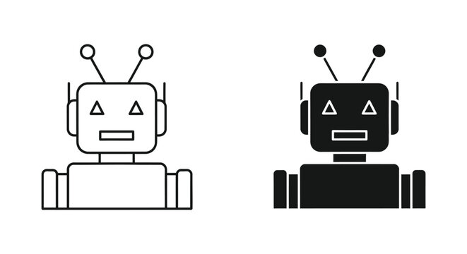 Robot head avatar icon set with outline and solid style representing artificial intelligence and automation technology for futuristic digital interface design