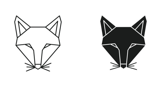 Geometric fox head line art and solid black silhouette icon set for modern animal brand logo design