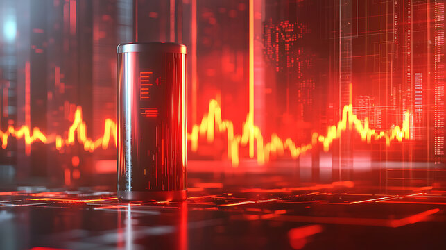Futuristic red digital data stream with abstract geometric technology shapes.