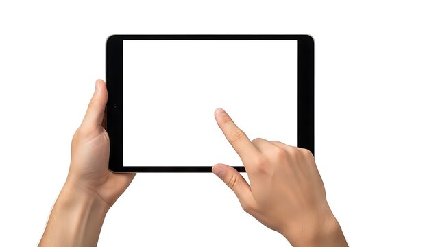 A person holding a tablet computer with their left hand and touching the screen with their right index finger