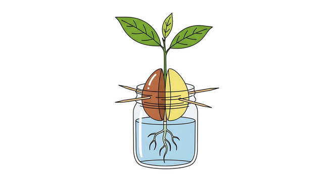 Illustration of an avocado seed sprouting in a glass jar with toothpicks
