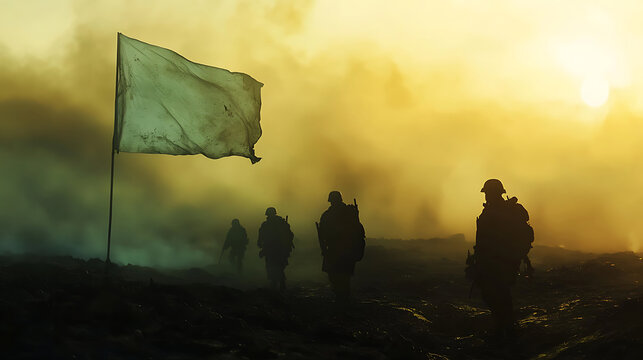 Soldiers marching through smoke beside white flag during dramatic sunset.