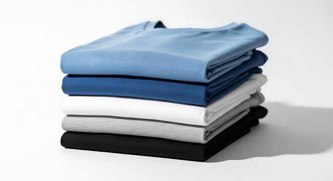 A neat stack of folded tshirts in various shades of blue white grey and black transparent background